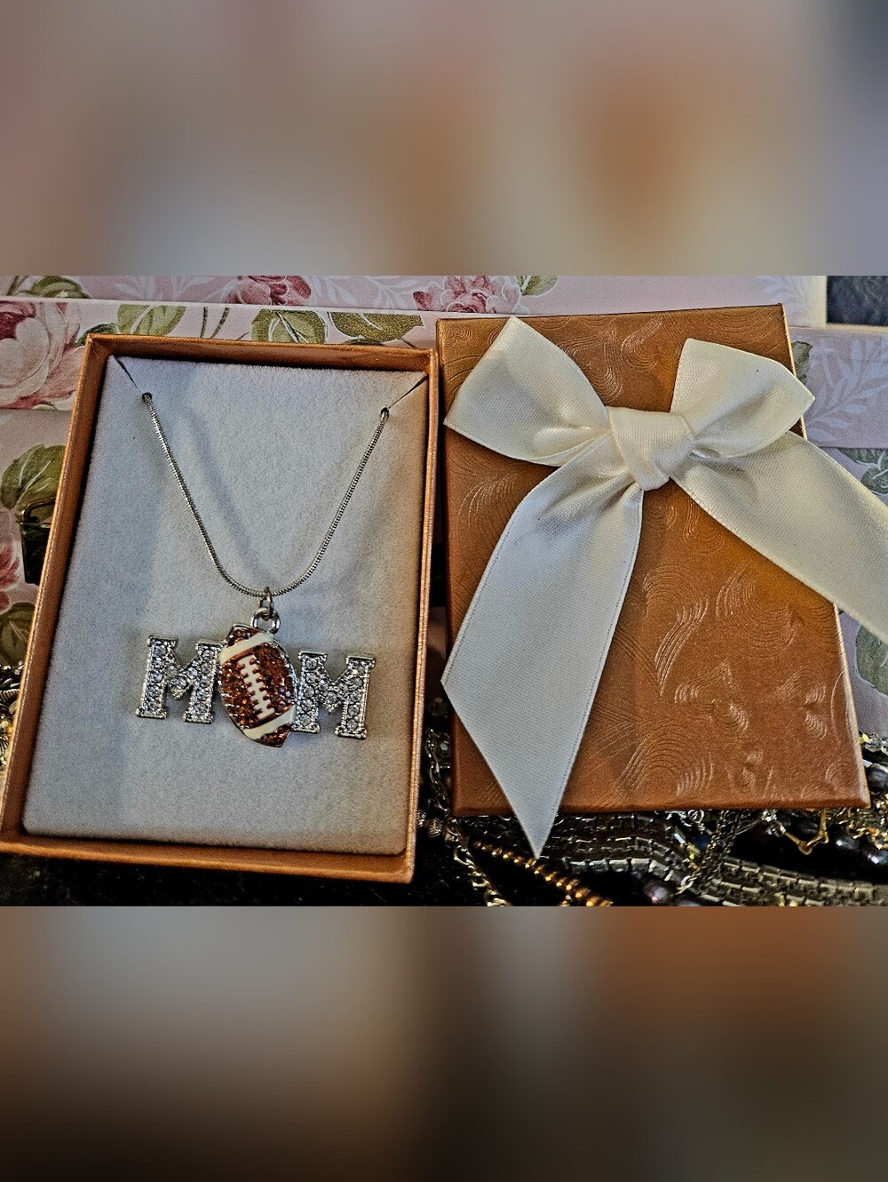 Fun Silver Tone Rhinestone "MOM" Football Pendant Snake Chain Necklace